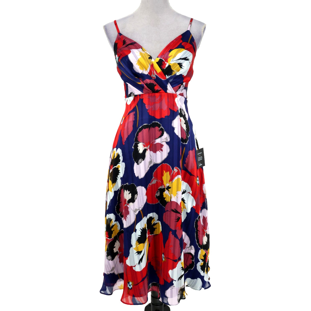 Lulus Dress Womens XS Navy Blue Red Floral Strappy Fit n Flare Chiffon New